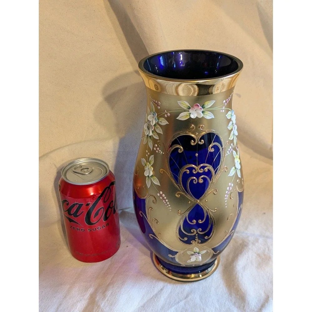 Vintage Cobalt Blue Bohemian Czech Crystal Vase Flowers 24kt Gold 10 in Tall